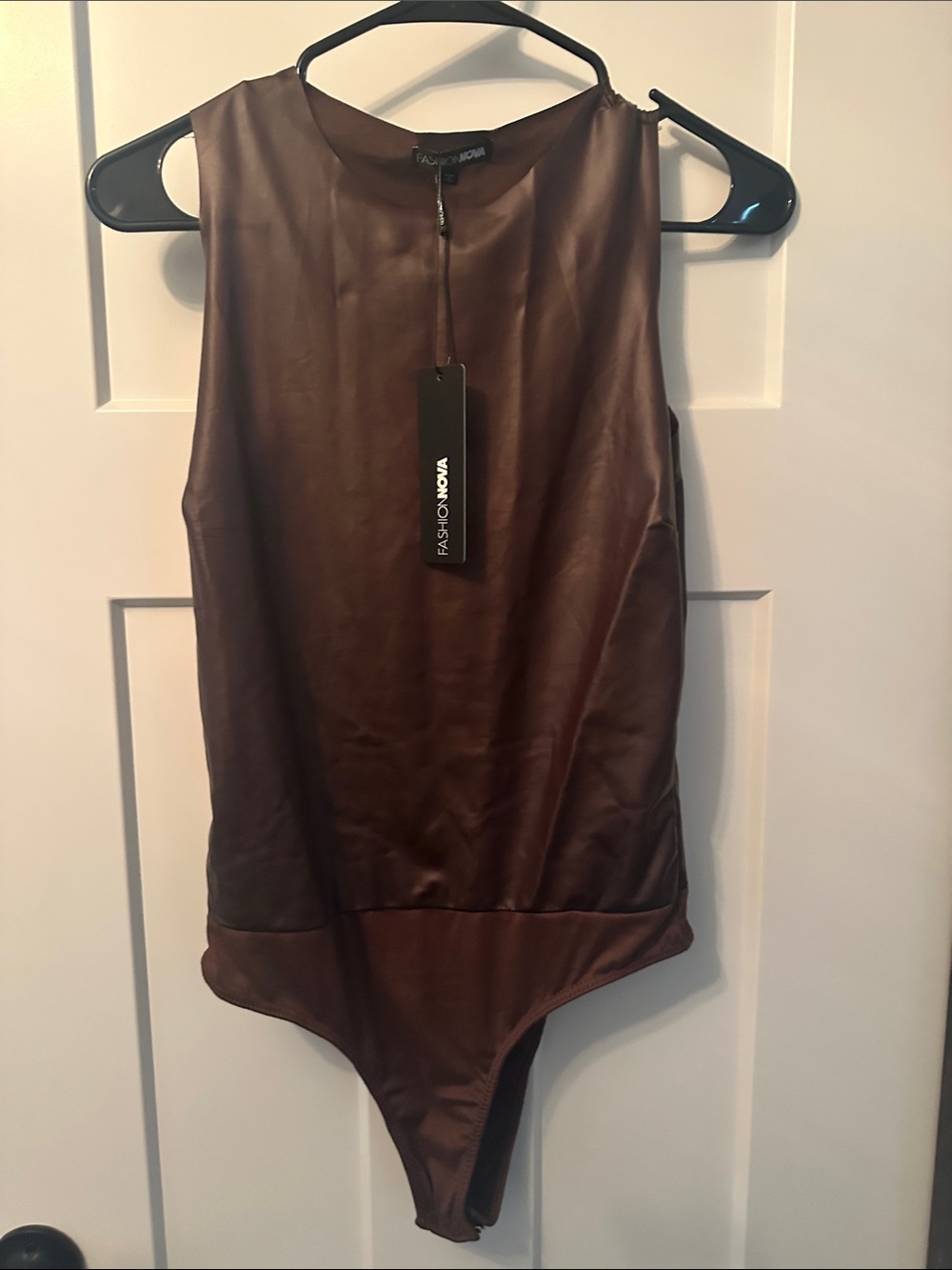 Fashion Nova Brown Faux Leather Sleeveless Bodysuit